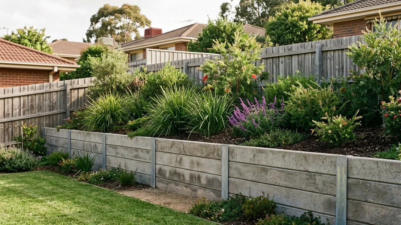 Illustrative concrete sleeper retaining walls supporting a raised garden