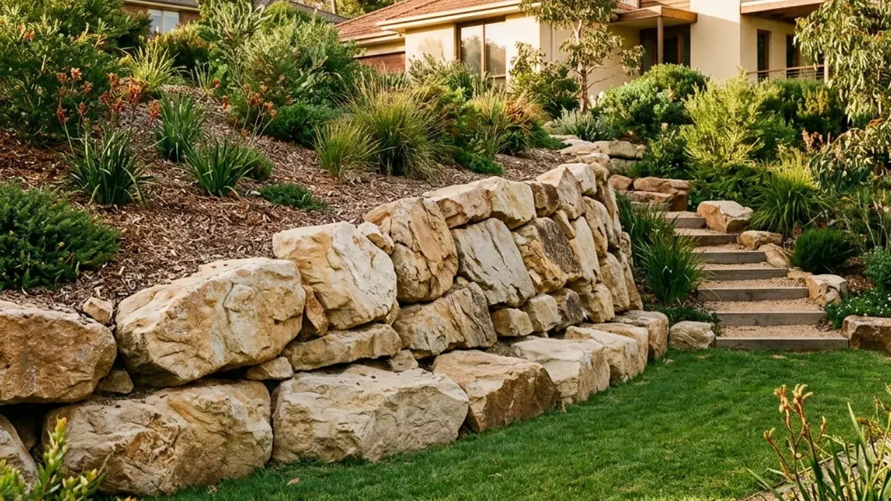Illustrative rock & boulder retaining walls supporting a raised garden